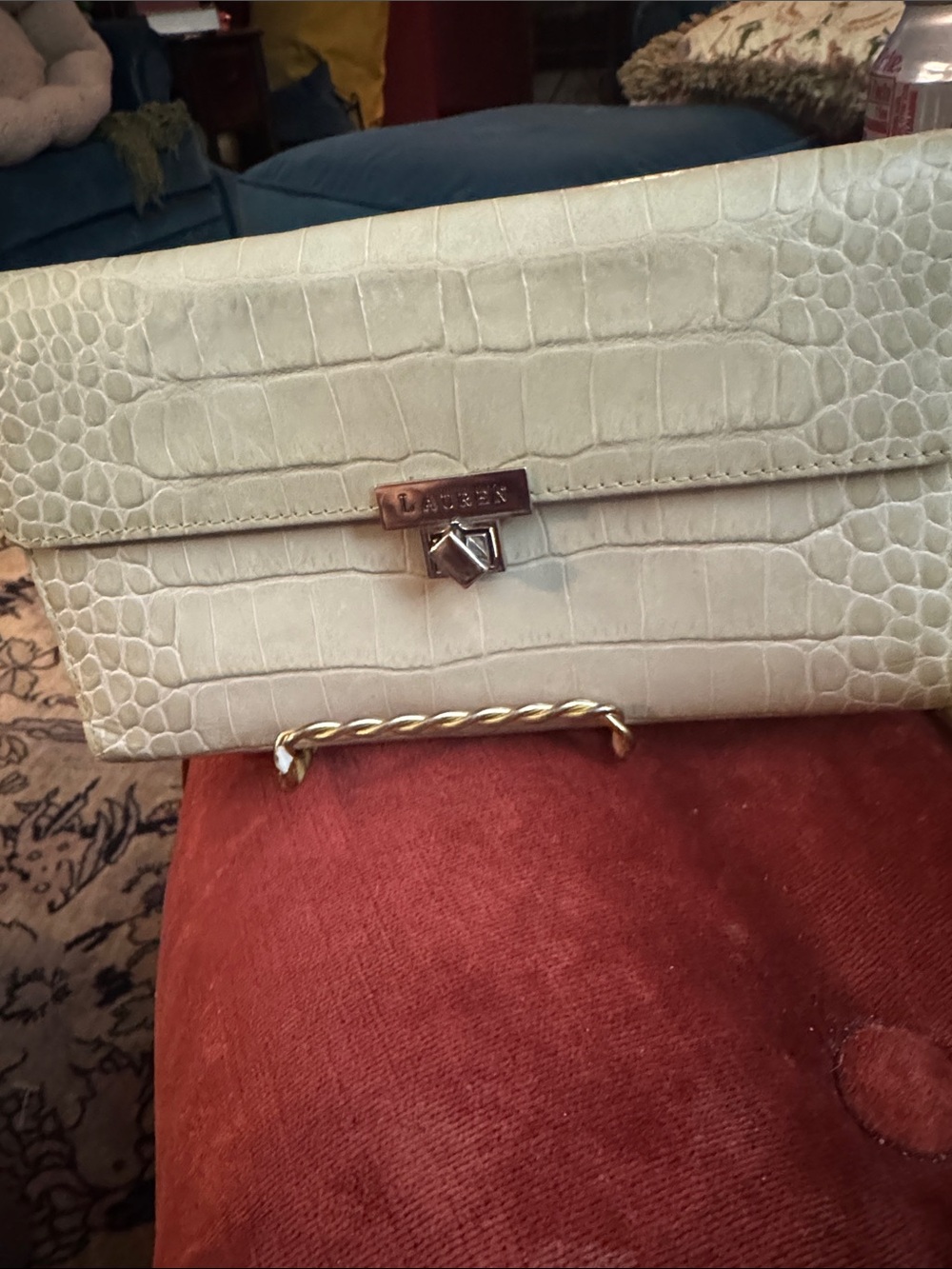 Ralph Lauren Ivory Croc-Embossed Wristlet Clutch with Gold Tone Hardware